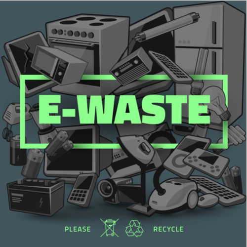 tech waste recycling image showing different types of broken electronics and computer equipment in the background, where the word "e-waste" is front and center