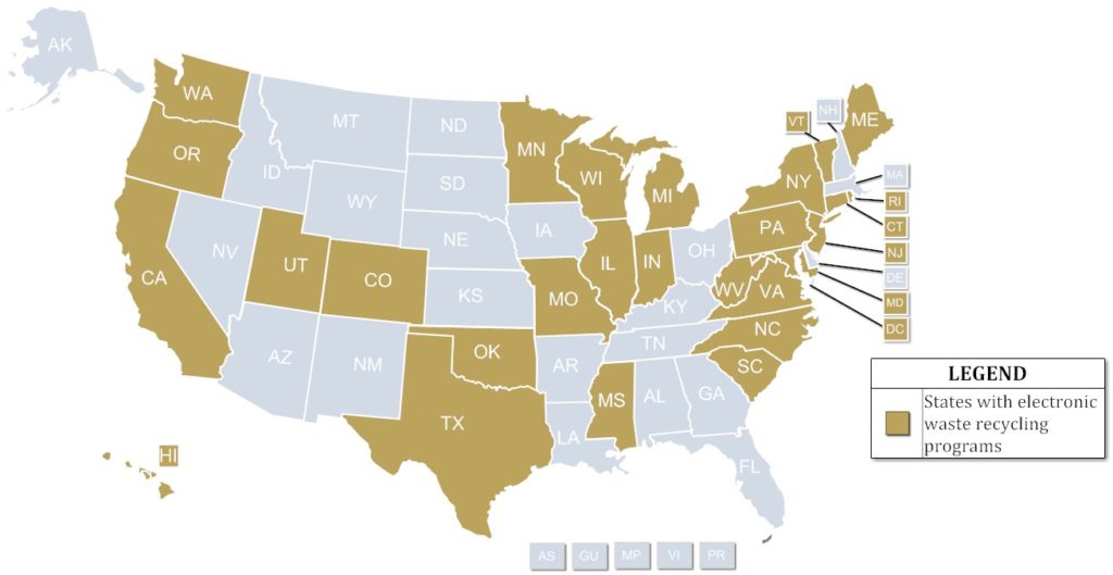 map of the united states showing the states implementing strict e-waste laws